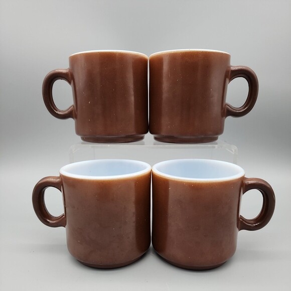 VtG 4 Hazel Atlas Glass Two-Toned Coffee Mugs Coffee Cups Brown & White D Handle - Picture 1 of 14